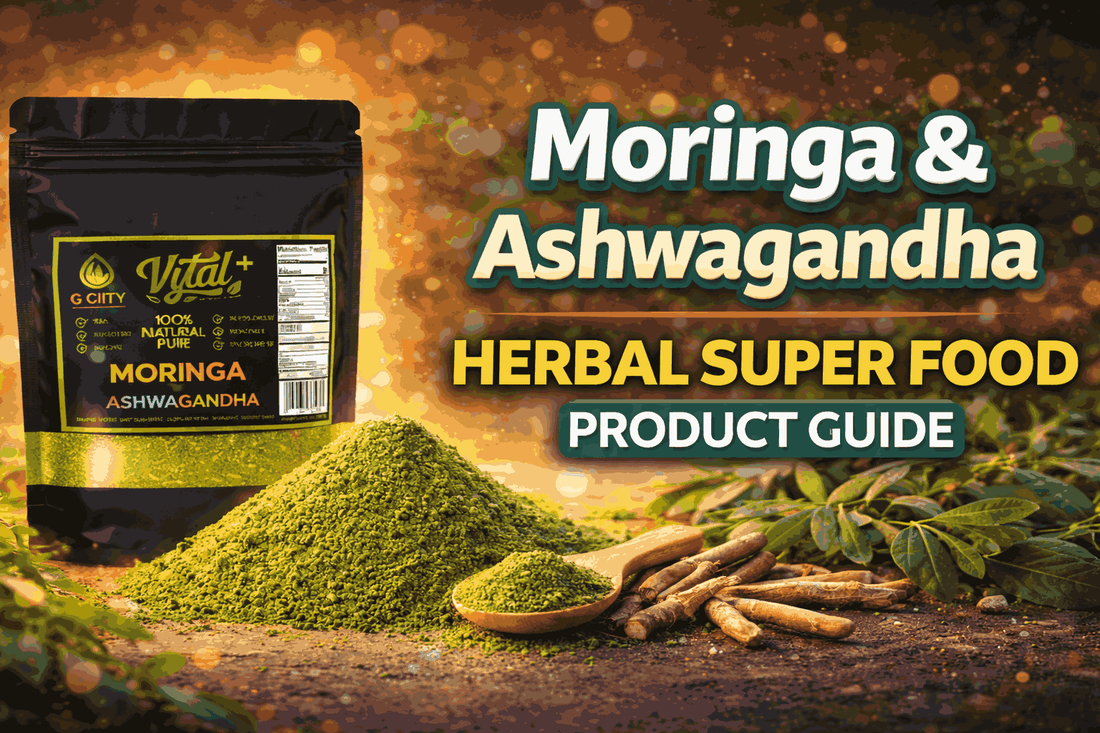 G-City Health Moringa and Ashwagandha herbal tea loose powder in a premium resealable pouch with a wooden spoon.