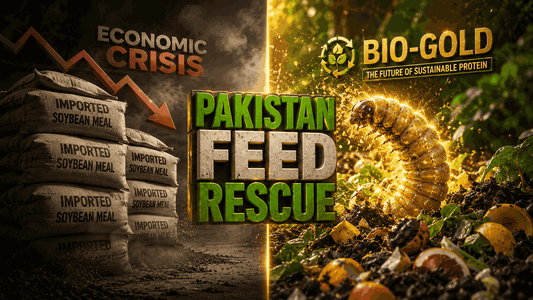  A split-screen 3D graphic titled "Pakistan Feed Rescue" contrasting dark scenes of the animal feed supply crisis in Pakistan with a brightly lit biological solution featuring Black Soldier Fly larvae